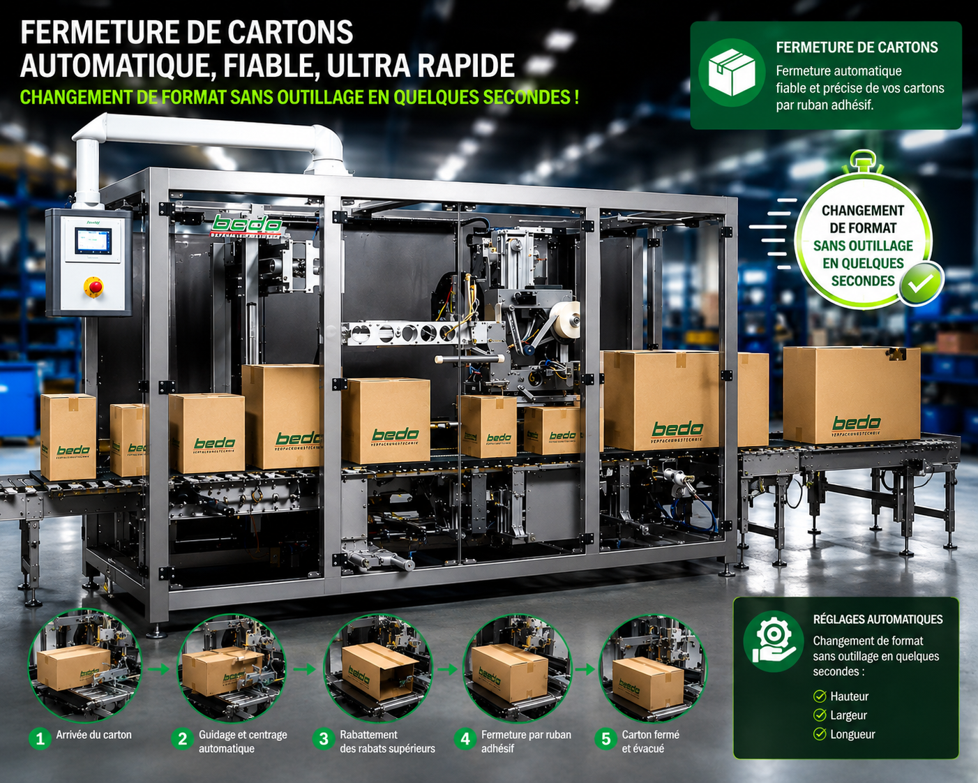 Fermeuse de carton industrielle automatique et multiformats